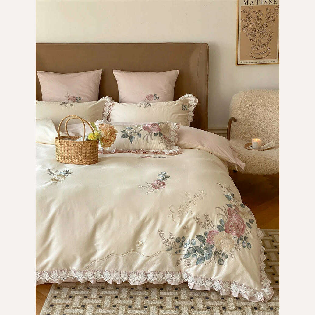 Vintage French Princess Bedding Set 1000TC Egyptian Cotton Flowers Embroidery Ruffles Duvet Cover Set Bed Sheet Pillowcases 4Pcs - KIMLUD