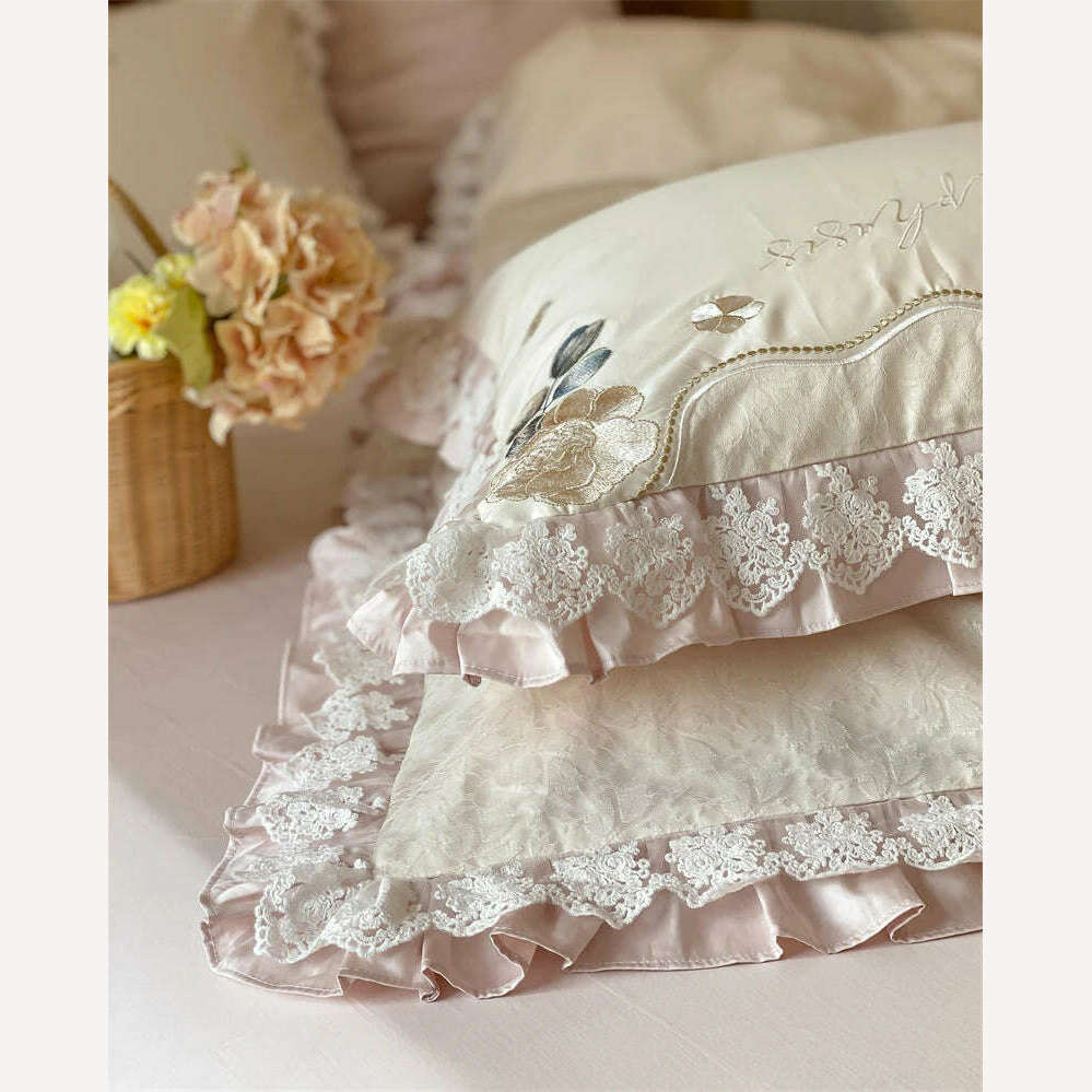 Vintage French Princess Bedding Set 1000TC Egyptian Cotton Flowers Embroidery Ruffles Duvet Cover Set Bed Sheet Pillowcases 4Pcs - KIMLUD