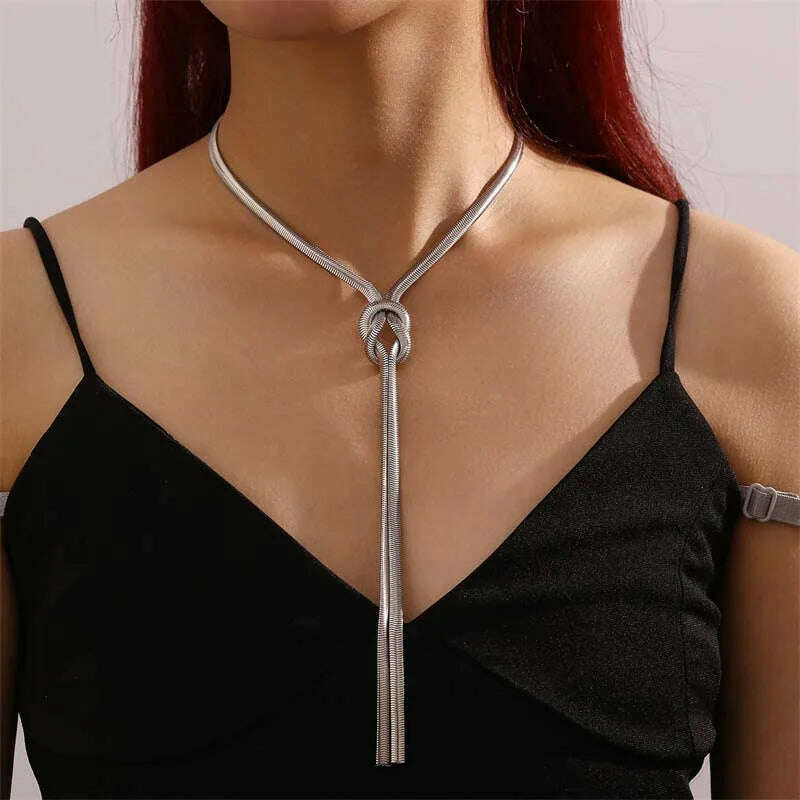 KIMLUD, Vintage Gold Color Snake Chain Knot Long Tassel Necklace for Women Punk Chunky Thick Chest Chain Choker Neck Jewelry Gift, Silver-01, KIMLUD Womens Clothes