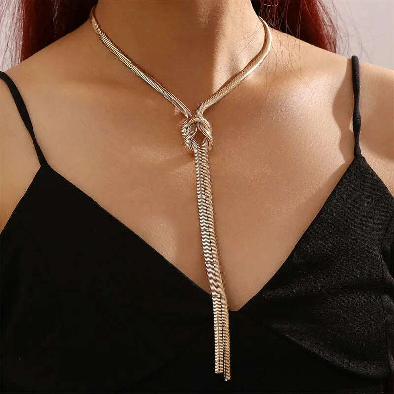 KIMLUD, Vintage Gold Color Snake Chain Knot Long Tassel Necklace for Women Punk Chunky Thick Chest Chain Choker Neck Jewelry Gift, KIMLUD Womens Clothes