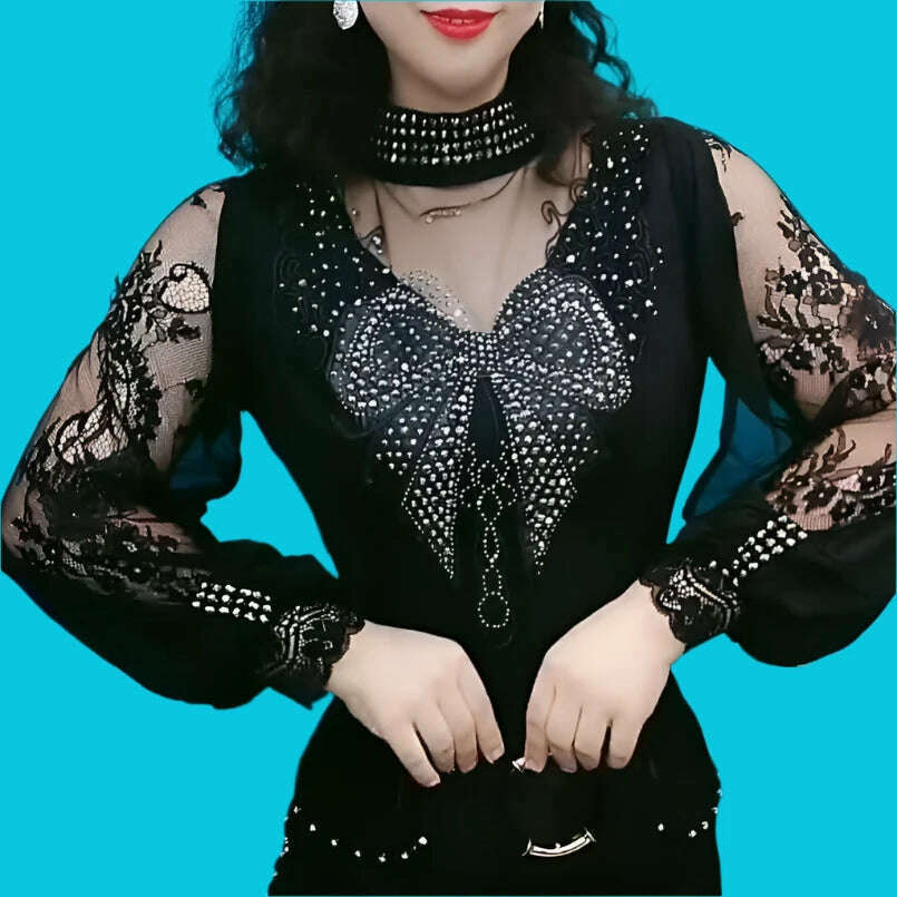 Vintage Gothic Female T-shirts Lantern Sleeve Turtle Neck Women Lace Shirt Autumn Female Tshirt Patchwork Grunge Aesthetic Tops - KIMLUD