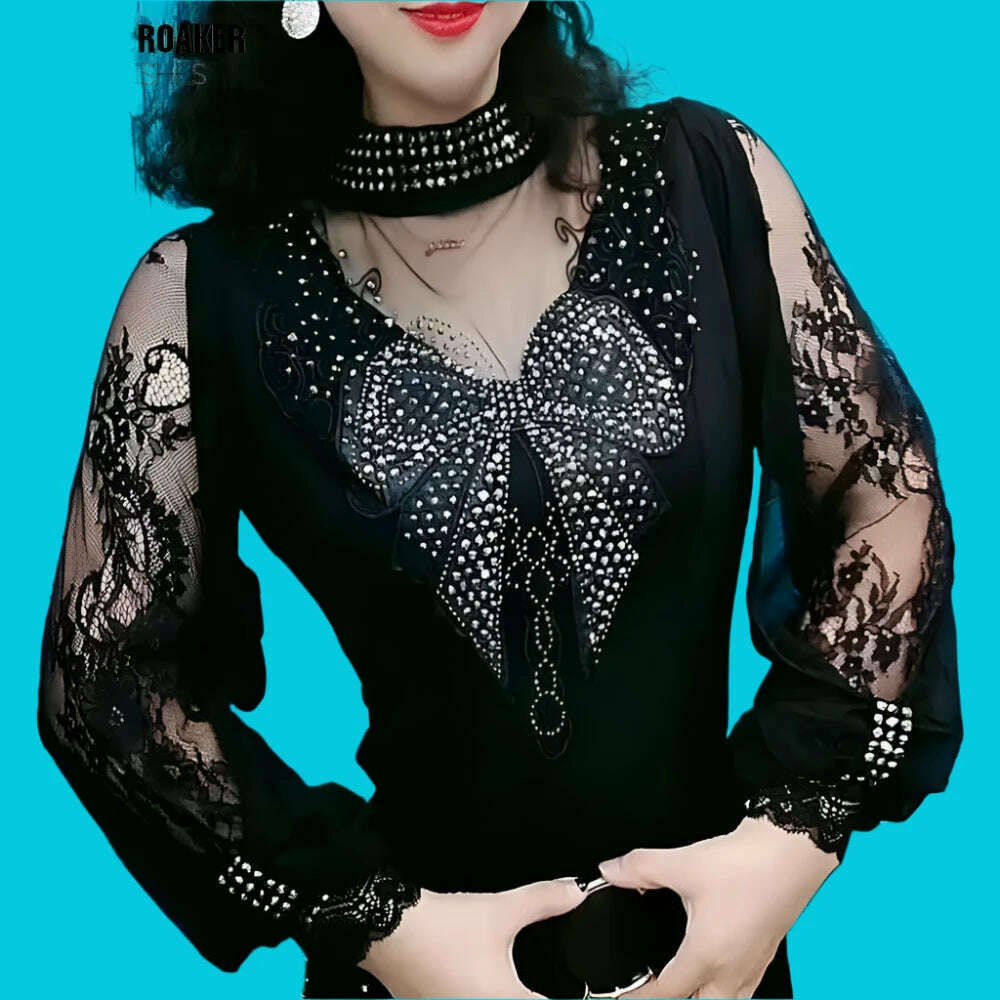 Vintage Gothic Female T-shirts Lantern Sleeve Turtle Neck Women Lace Shirt Autumn Female Tshirt Patchwork Grunge Aesthetic Tops - KIMLUD