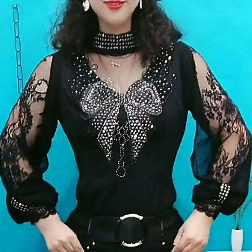 Vintage Gothic Female T-shirts Lantern Sleeve Turtle Neck Women Lace Shirt Autumn Female Tshirt Patchwork Grunge Aesthetic Tops - KIMLUD