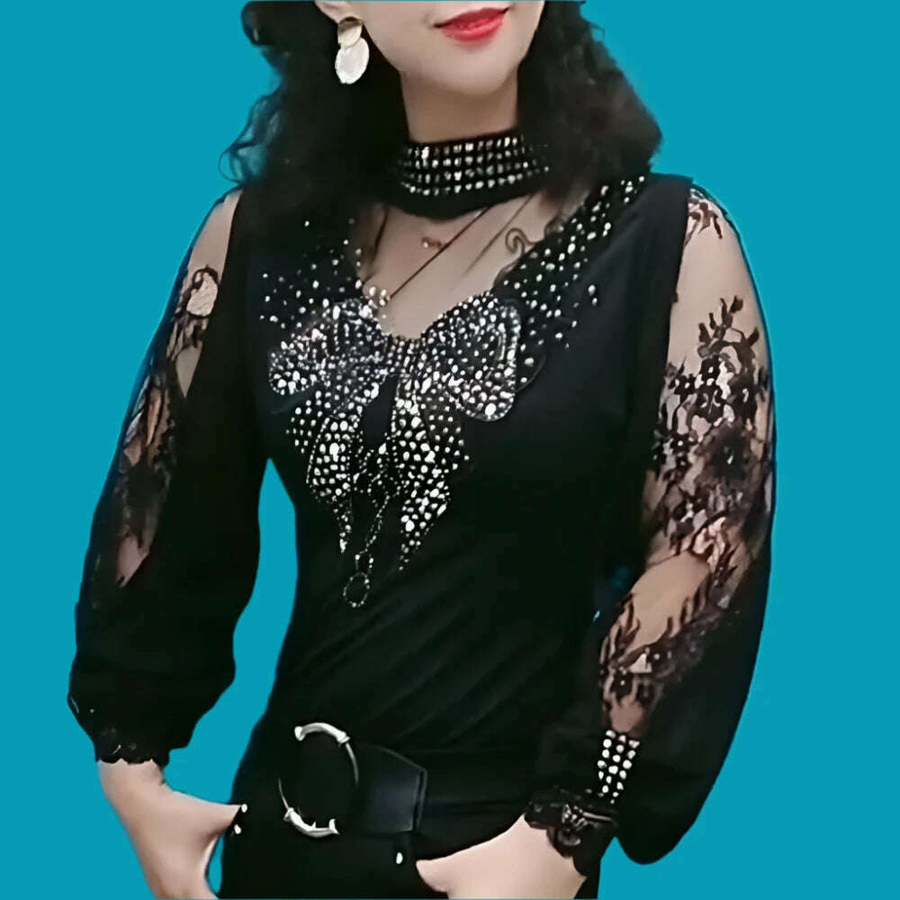 Vintage Gothic Female T-shirts Lantern Sleeve Turtle Neck Women Lace Shirt Autumn Female Tshirt Patchwork Grunge Aesthetic Tops - KIMLUD