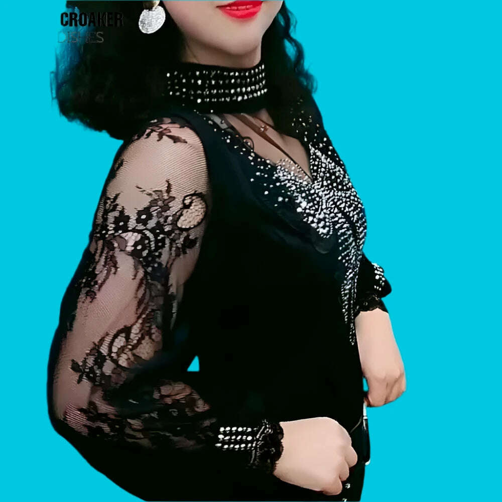 Vintage Gothic Female T-shirts Lantern Sleeve Turtle Neck Women Lace Shirt Autumn Female Tshirt Patchwork Grunge Aesthetic Tops - KIMLUD