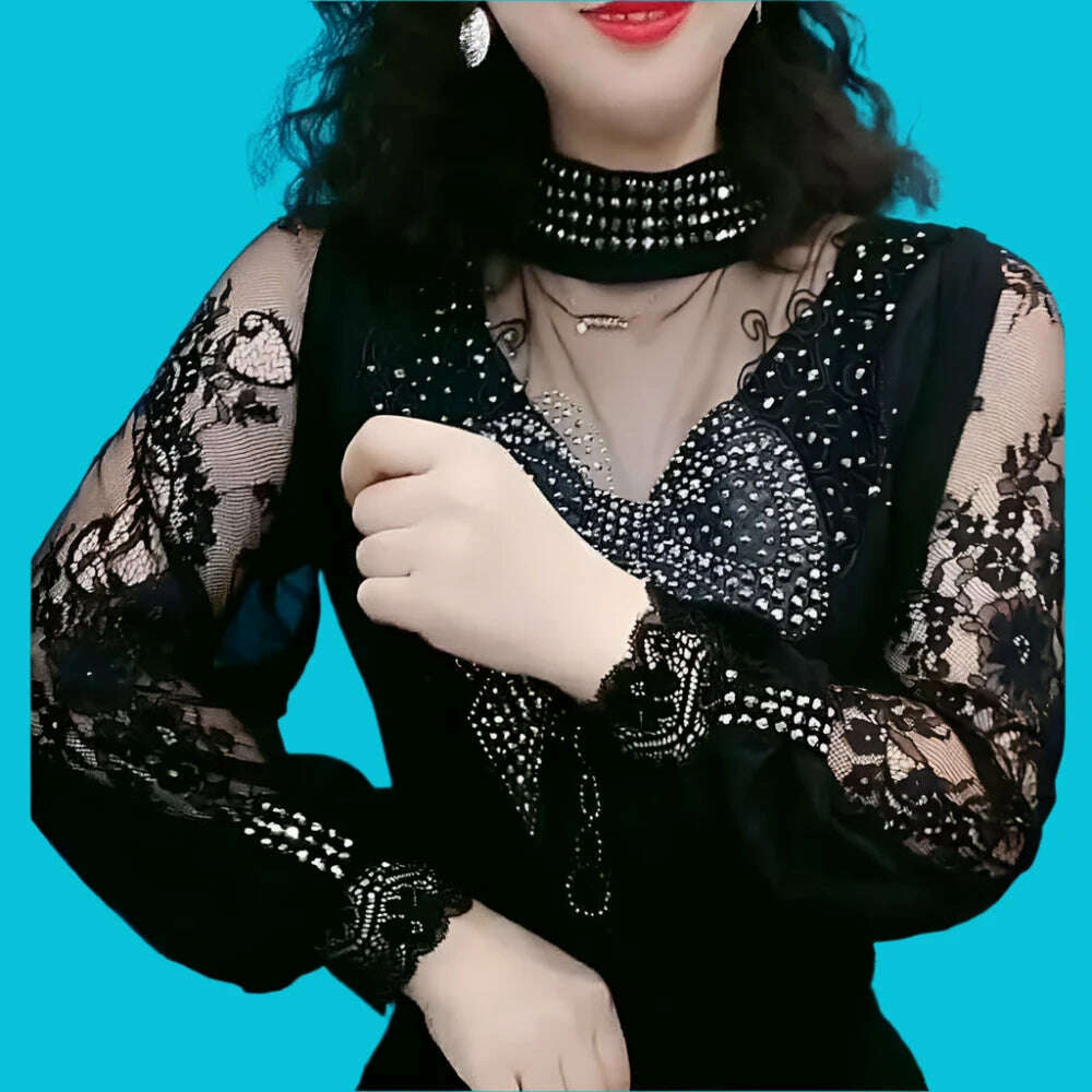 Vintage Gothic Female T-shirts Lantern Sleeve Turtle Neck Women Lace Shirt Autumn Female Tshirt Patchwork Grunge Aesthetic Tops - KIMLUD