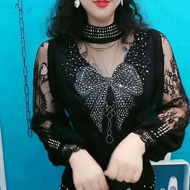 Vintage Gothic Female T-shirts Lantern Sleeve Turtle Neck Women Lace Shirt Autumn Female Tshirt Patchwork Grunge Aesthetic Tops - KIMLUD