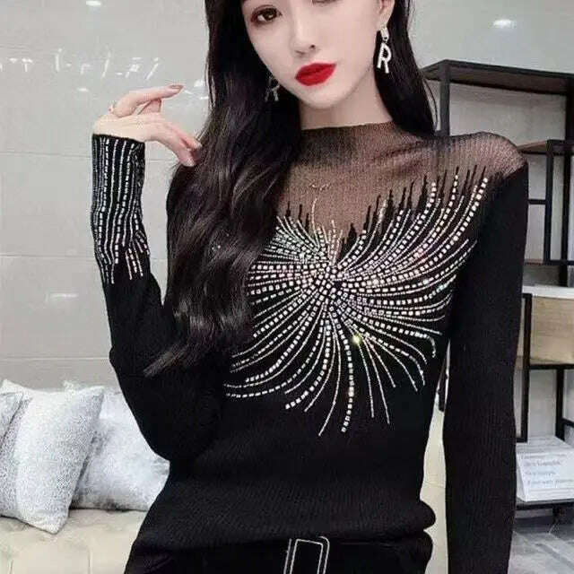 Vintage Gothic Female T-shirts Lantern Sleeve Turtle Neck Women Lace Shirt Autumn Female Tshirt Patchwork Grunge Aesthetic Tops - KIMLUD