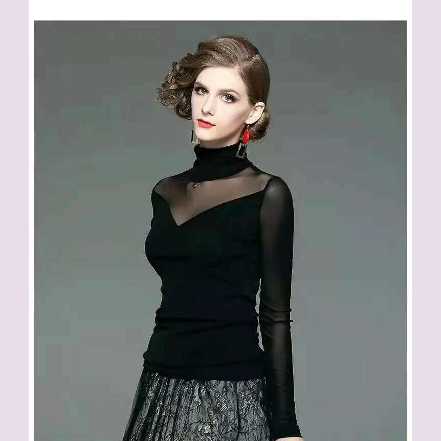 Vintage Gothic Female T-shirts Lantern Sleeve Turtle Neck Women Lace Shirt Autumn Female Tshirt Patchwork Grunge Aesthetic Tops - KIMLUD