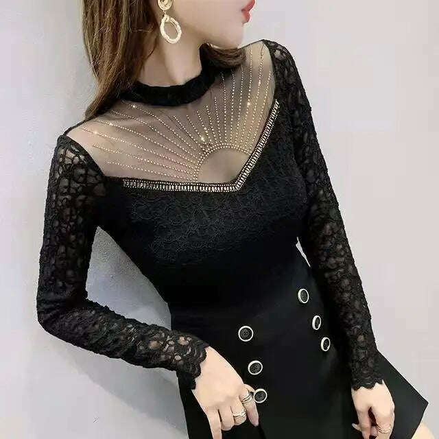 Vintage Gothic Female T-shirts Lantern Sleeve Turtle Neck Women Lace Shirt Autumn Female Tshirt Patchwork Grunge Aesthetic Tops - KIMLUD