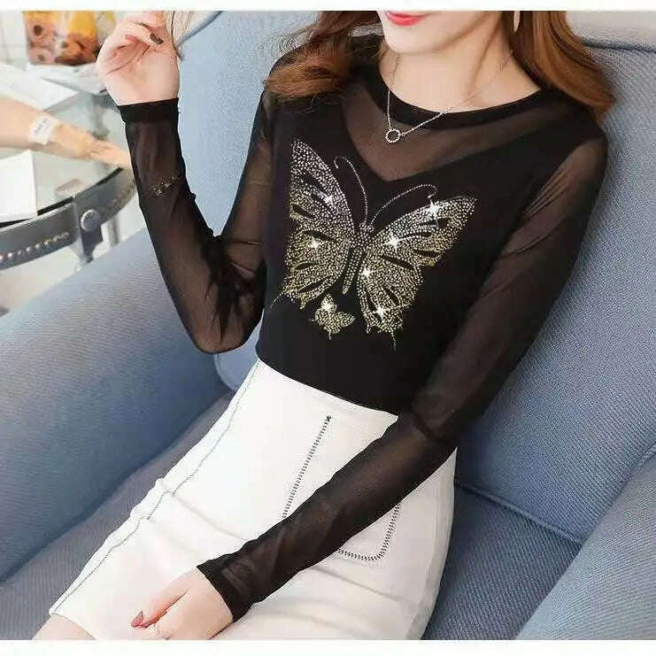 Vintage Gothic Female T-shirts Lantern Sleeve Turtle Neck Women Lace Shirt Autumn Female Tshirt Patchwork Grunge Aesthetic Tops - KIMLUD