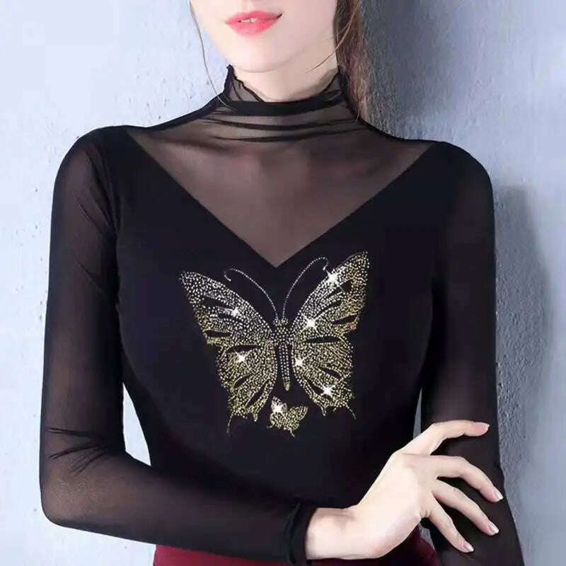 Vintage Gothic Female T-shirts Lantern Sleeve Turtle Neck Women Lace Shirt Autumn Female Tshirt Patchwork Grunge Aesthetic Tops - KIMLUD