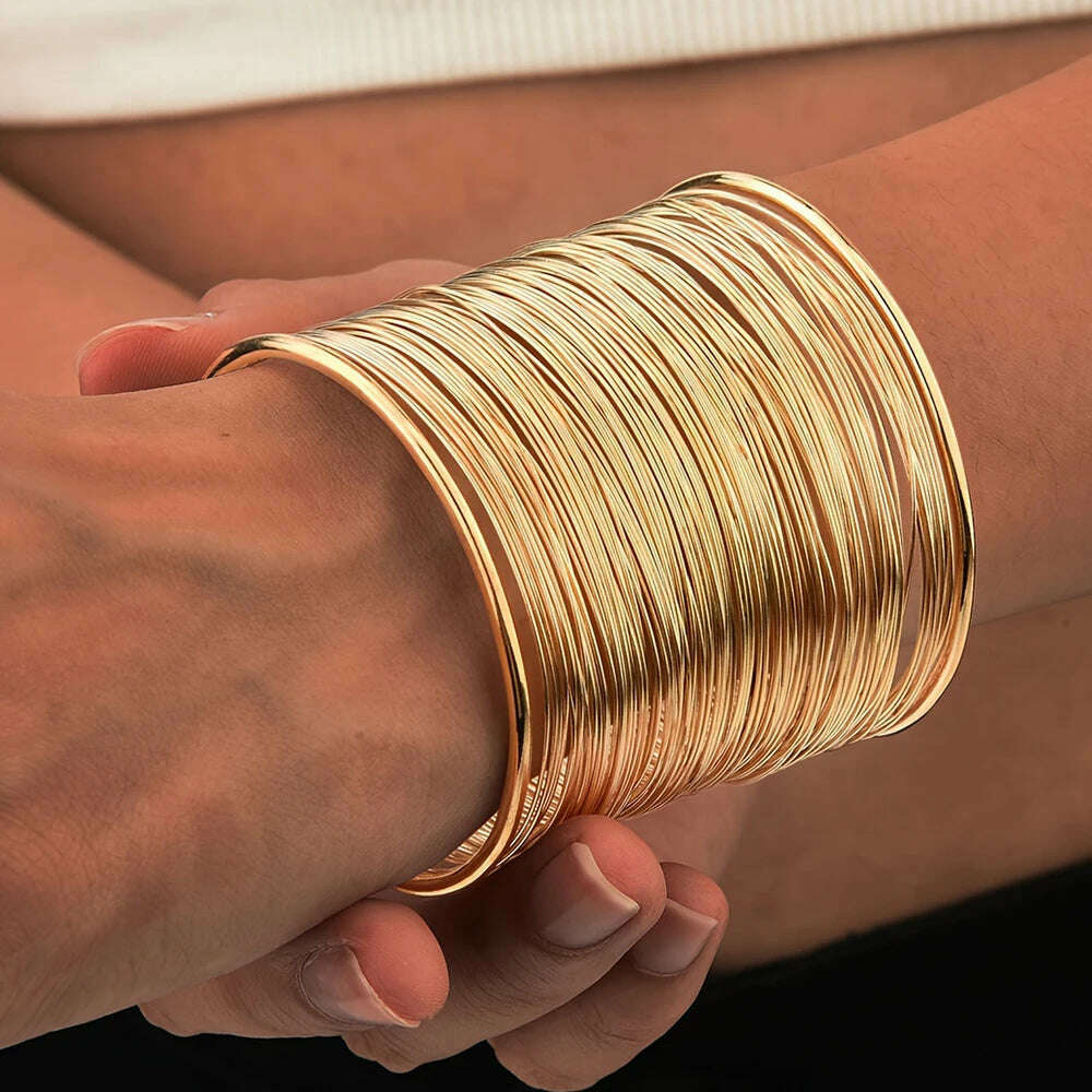 Vintage Hyperbolic Layered Gold Plated Wide Wire Bracelet Cuff Bangle for Women Exaggerated Wrist Wrap Bangle Hand Jewelry Gift - KIMLUD