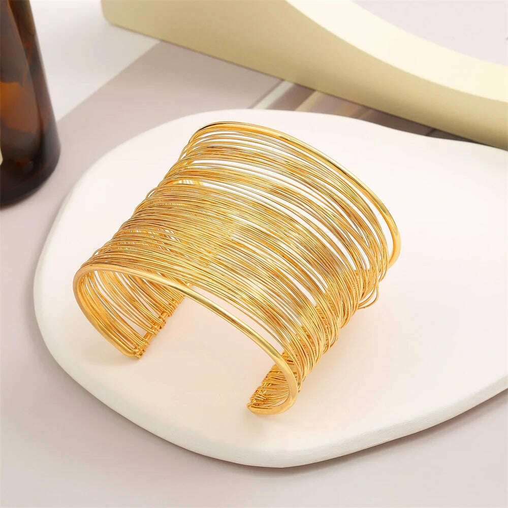 Vintage Hyperbolic Layered Gold Plated Wide Wire Bracelet Cuff Bangle for Women Exaggerated Wrist Wrap Bangle Hand Jewelry Gift - KIMLUD