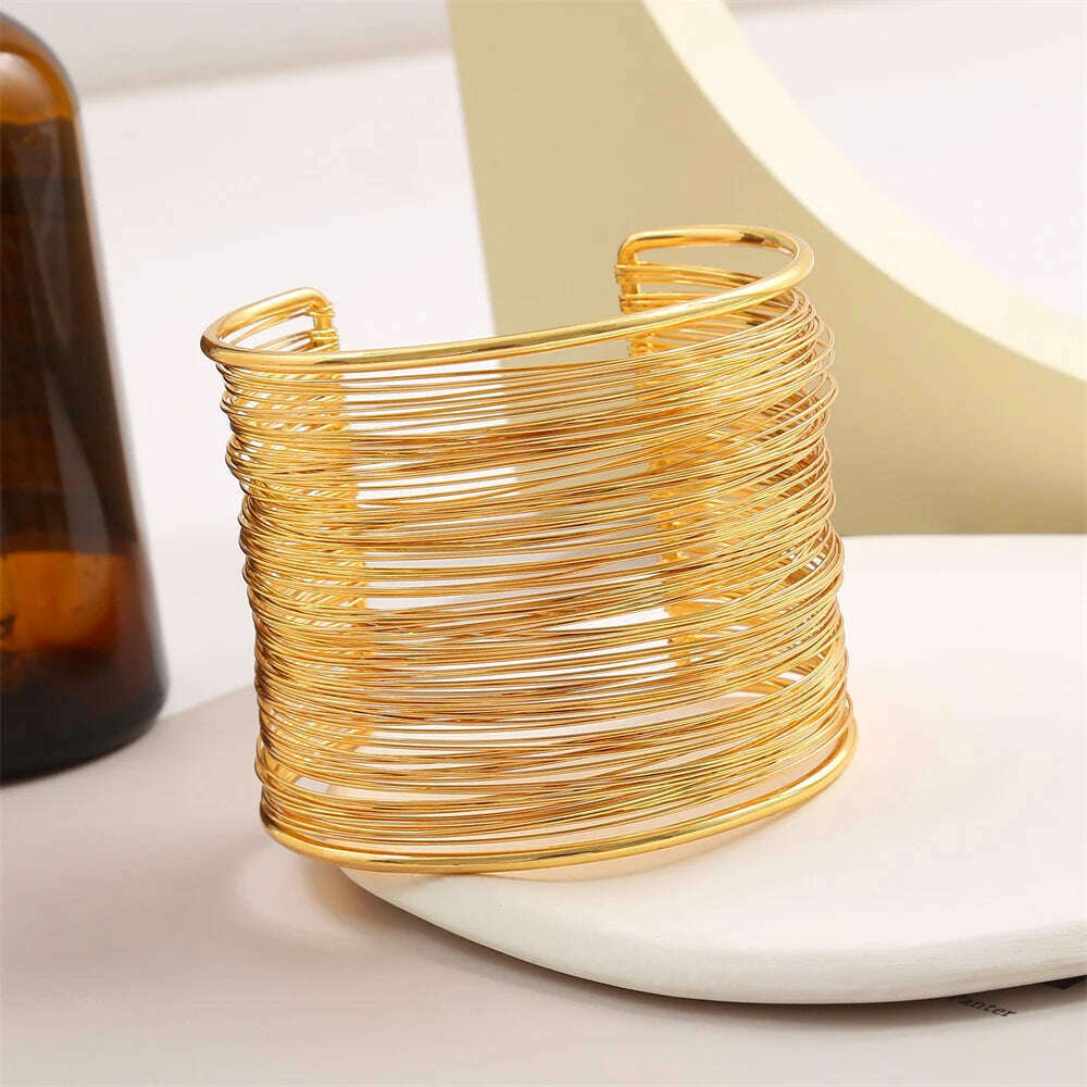 Vintage Hyperbolic Layered Gold Plated Wide Wire Bracelet Cuff Bangle for Women Exaggerated Wrist Wrap Bangle Hand Jewelry Gift - KIMLUD