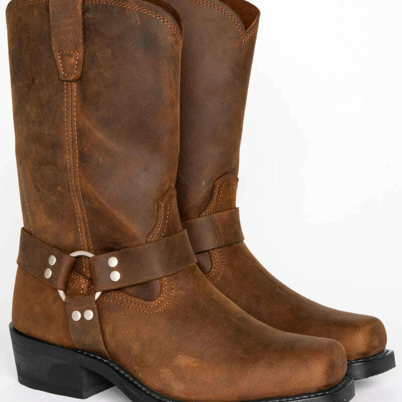 KIMLUD, Vintage Men's Cowboy Boots Belt Buckle Ring High Top Motorcycle Boots Men Shoes Fashion Square Toe Warm Boots, KIMLUD Womens Clothes