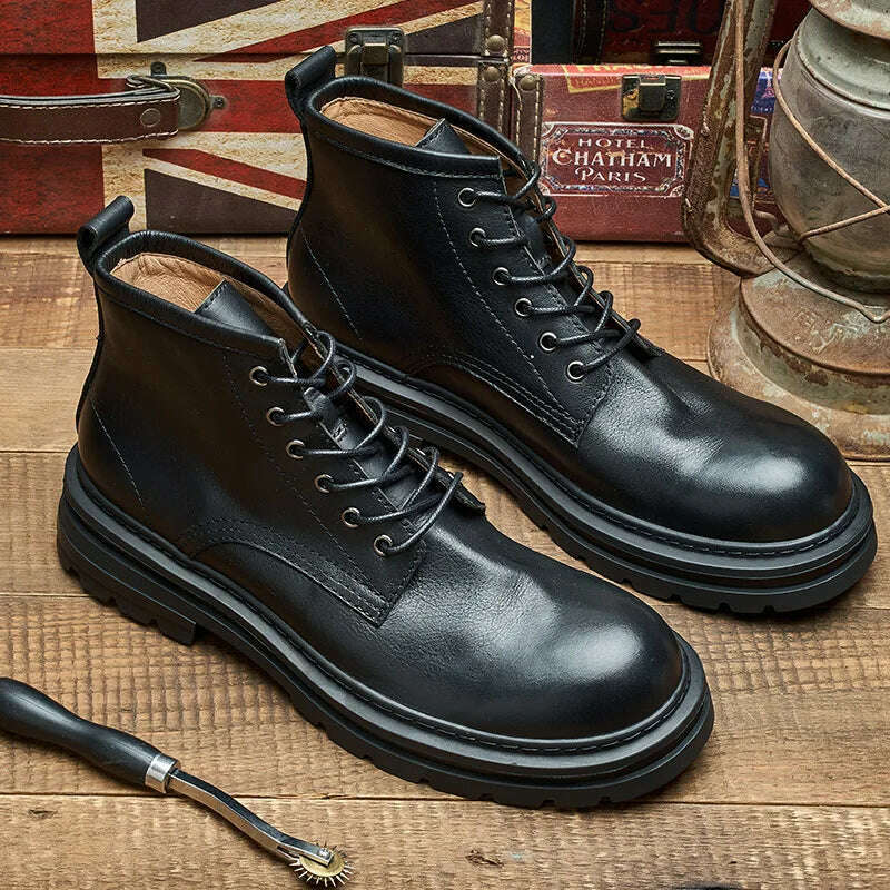 KIMLUD, Vintage Men's Genuine Leather Boots Luxury Brand Handmade 2023 Winter New Retro Designer Ankle Black Wedding Social Shoes Boots, KIMLUD Womens Clothes