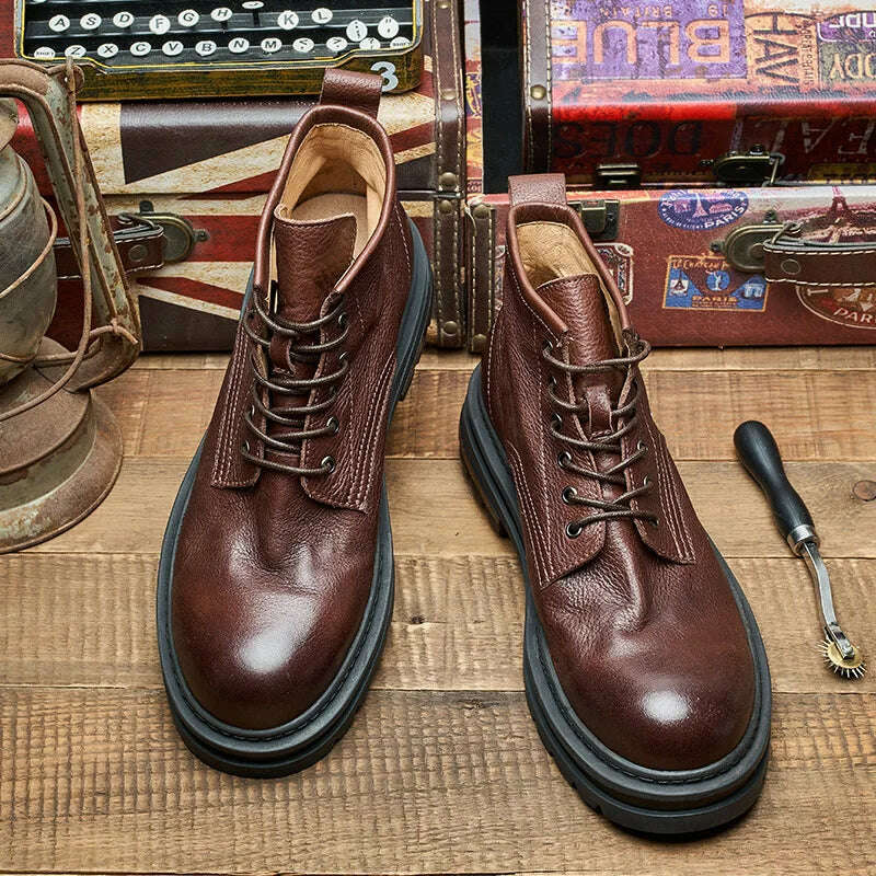 KIMLUD, Vintage Men's Genuine Leather Boots Luxury Brand Handmade 2023 Winter New Retro Designer Ankle Black Wedding Social Shoes Boots, KIMLUD Womens Clothes