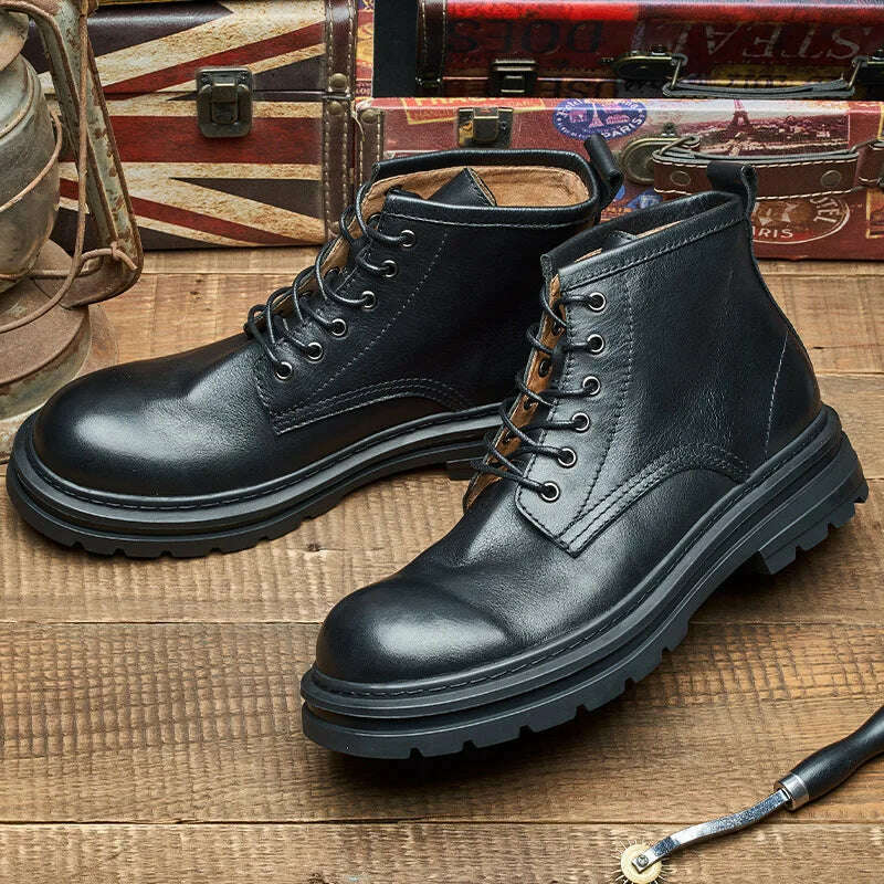 KIMLUD, Vintage Men's Genuine Leather Boots Luxury Brand Handmade 2023 Winter New Retro Designer Ankle Black Wedding Social Shoes Boots, KIMLUD Womens Clothes