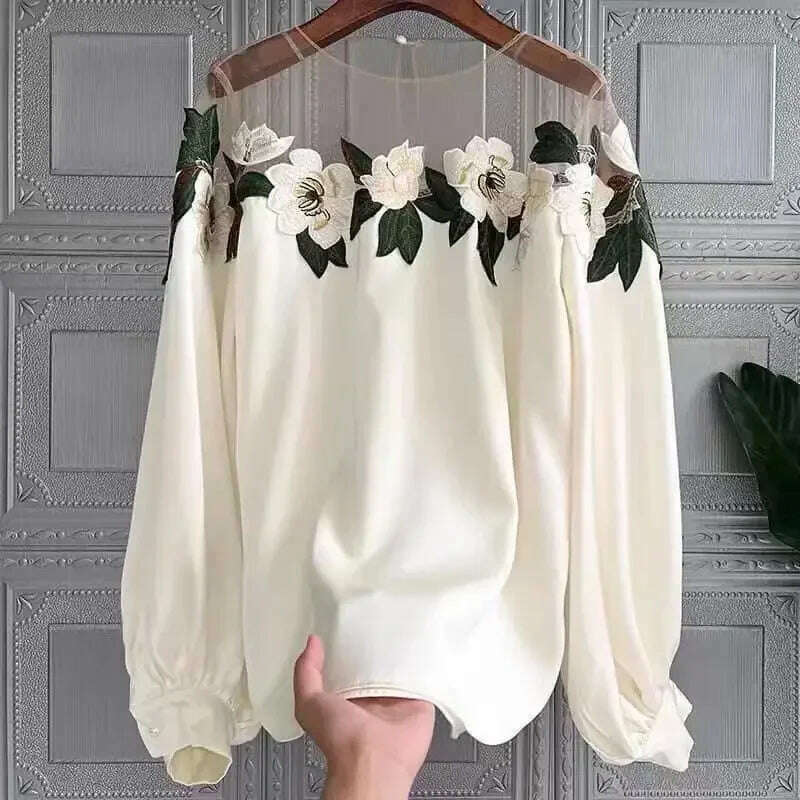 KIMLUD, Vintage Mesh Patchwork Women Blouses Floral Embroidery Shirt Lantern Long Sleeve Autumn Winter Female Tops Casual Lady Clothes, Beige / One Size, KIMLUD APPAREL - Womens Clothes