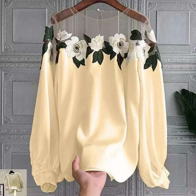 KIMLUD, Vintage Mesh Patchwork Women Blouses Floral Embroidery Shirt Lantern Long Sleeve Autumn Winter Female Tops Casual Lady Clothes, Brown / One Size, KIMLUD APPAREL - Womens Clothes