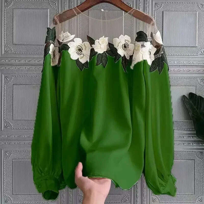 KIMLUD, Vintage Mesh Patchwork Women Blouses Floral Embroidery Shirt Lantern Long Sleeve Autumn Winter Female Tops Casual Lady Clothes, Dark Green / One Size, KIMLUD APPAREL - Womens Clothes
