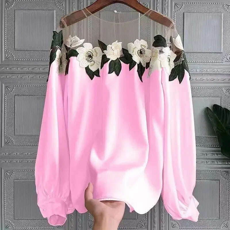 KIMLUD, Vintage Mesh Patchwork Women Blouses Floral Embroidery Shirt Lantern Long Sleeve Autumn Winter Female Tops Casual Lady Clothes, Pink / One Size, KIMLUD APPAREL - Womens Clothes