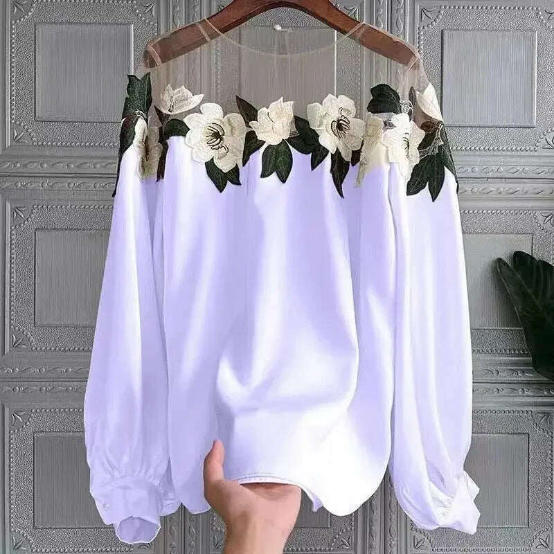 KIMLUD, Vintage Mesh Patchwork Women Blouses Floral Embroidery Shirt Lantern Long Sleeve Autumn Winter Female Tops Casual Lady Clothes, PURPLE / One Size, KIMLUD APPAREL - Womens Clothes