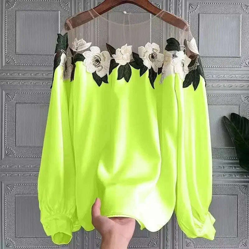 KIMLUD, Vintage Mesh Patchwork Women Blouses Floral Embroidery Shirt Lantern Long Sleeve Autumn Winter Female Tops Casual Lady Clothes, green / One Size, KIMLUD APPAREL - Womens Clothes