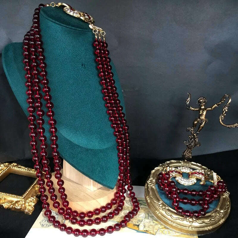 KIMLUD, Vintage multi-layer garnet glaze bead sweater Bracelet Premium Switch Necklace bracelet set, KIMLUD Womens Clothes