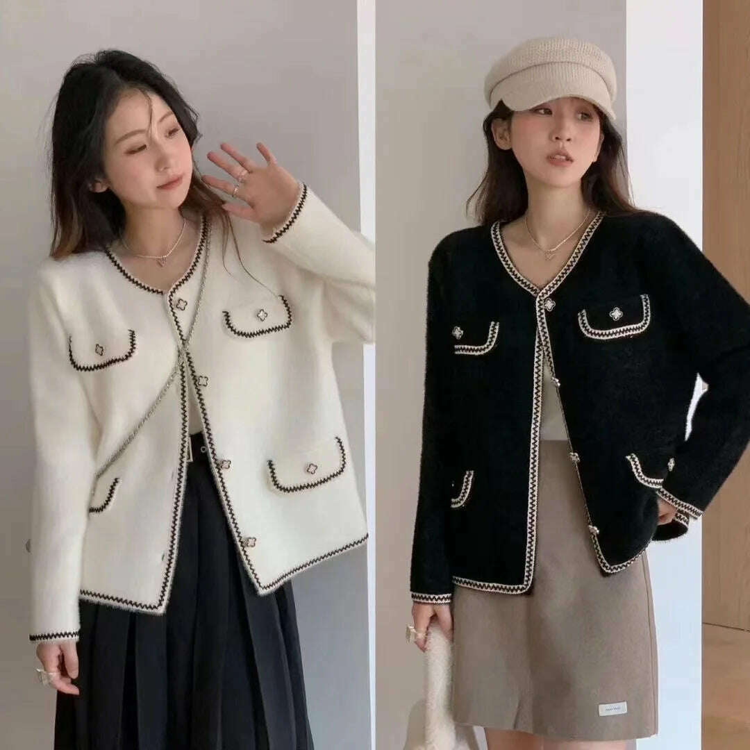 KIMLUD, Vintage New Black White Patchwork Women's Single Breasted Cardigan Sweater Autumn Winter Elegant Long Sleeve Knit Soft Tops Chic, KIMLUD Womens Clothes