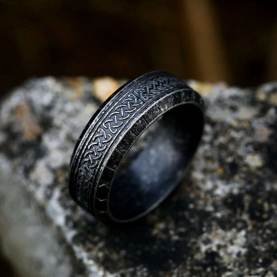 KIMLUD, Vintage Odin Norse Viking Amulet Rune Rings For Men Cool Stainless Steel Celtic Knot Ring Wedding Jewelry Valentine's Days Gifts, Antique Color / 8, KIMLUD APPAREL - Womens Clothes