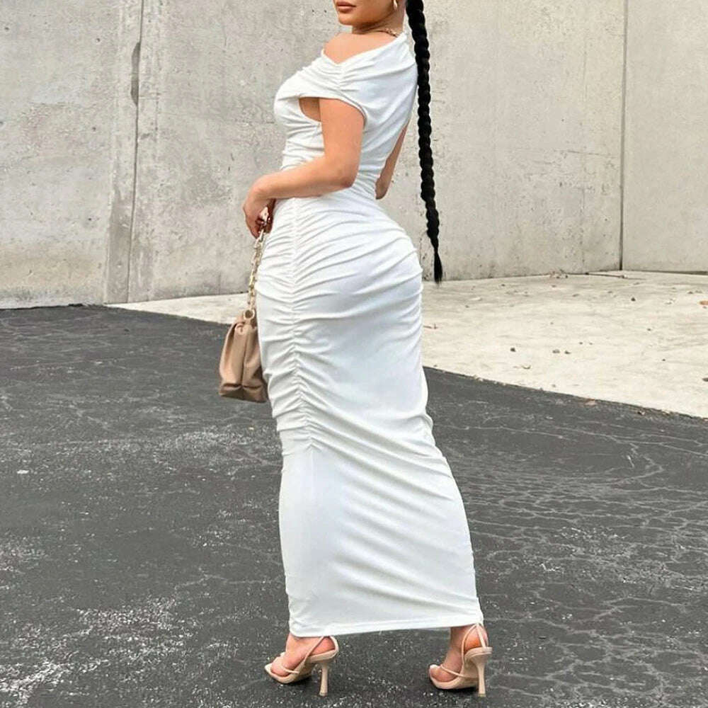 KIMLUD, Vintage Off Shoulder Bandage Bodycon Maxi Dress Women Sleeveless Ruched Lace Up Peach Hip Long Vestido 2024 Spring Fall Clothes, KIMLUD Womens Clothes