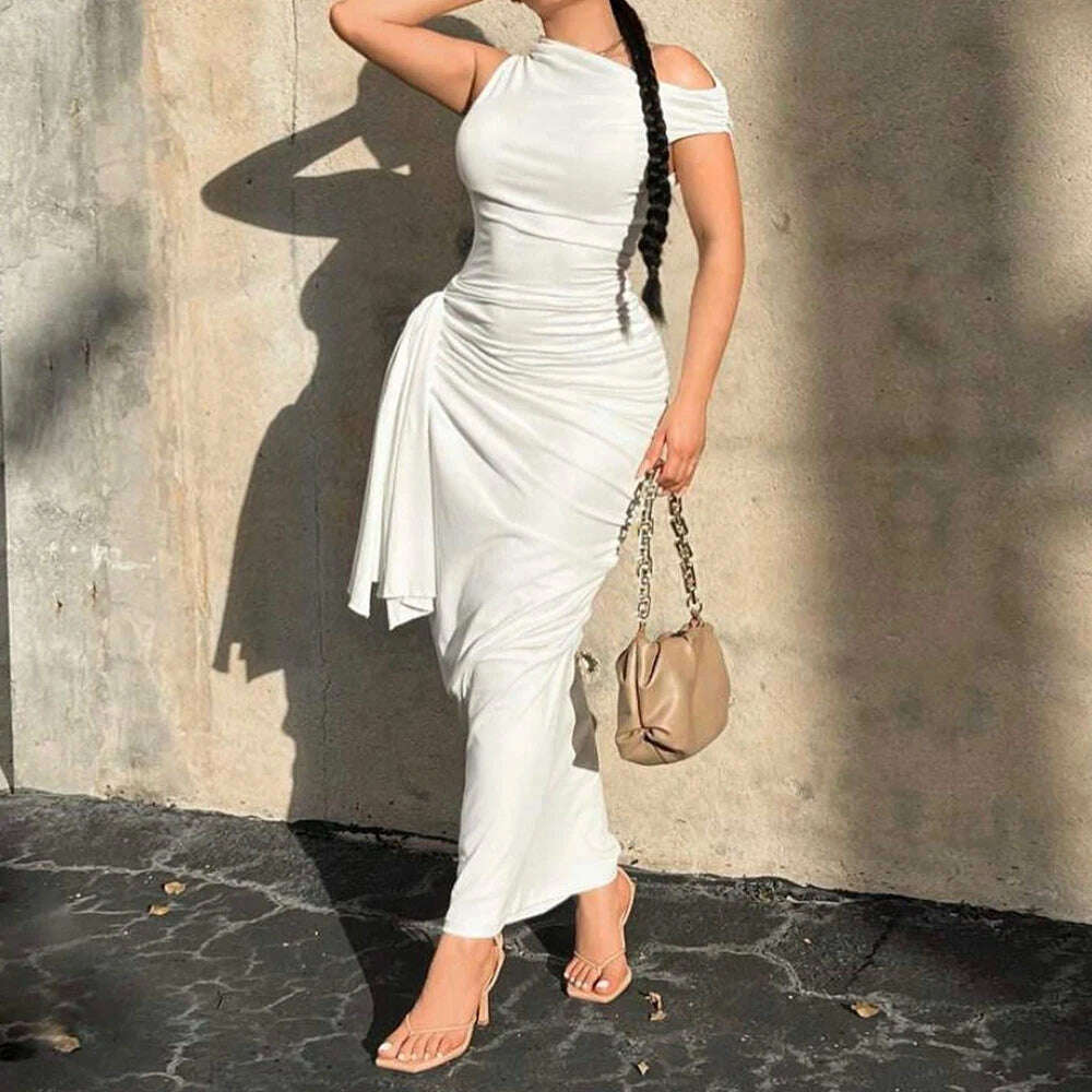 KIMLUD, Vintage Off Shoulder Bandage Bodycon Maxi Dress Women Sleeveless Ruched Lace Up Peach Hip Long Vestido 2024 Spring Fall Clothes, KIMLUD Womens Clothes