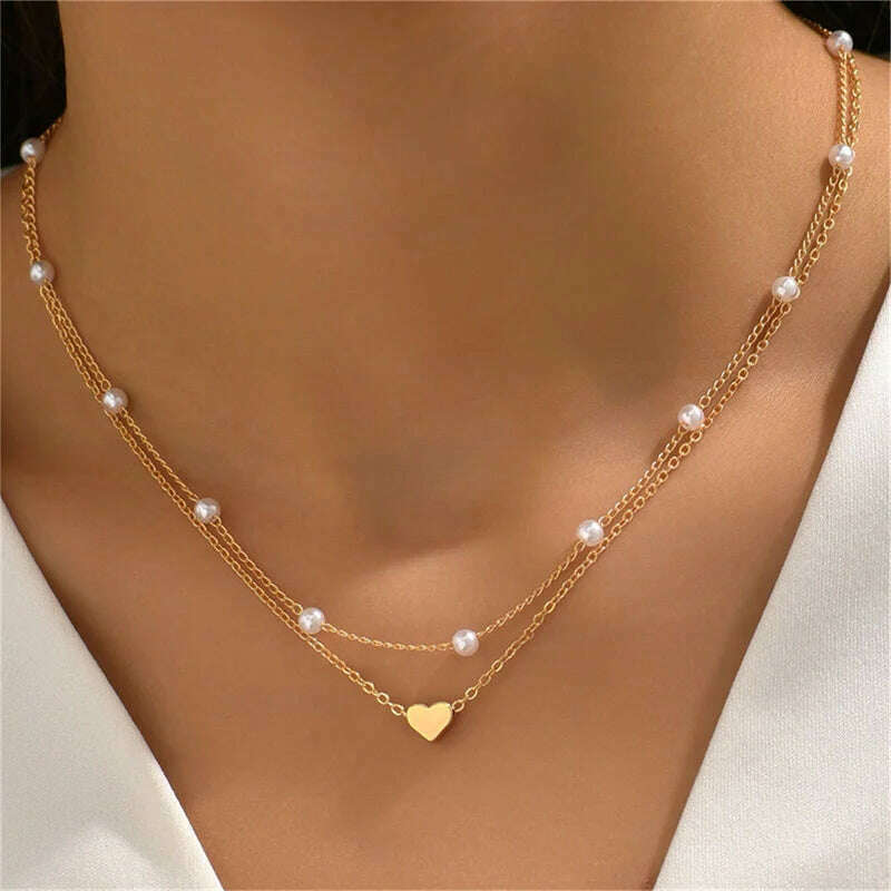 Vintage Pearl Choker Necklaces for Women Fashion Double layer Chain Small Love Heart Pendant Necklace Jewelry Gift Wholesale - KIMLUD