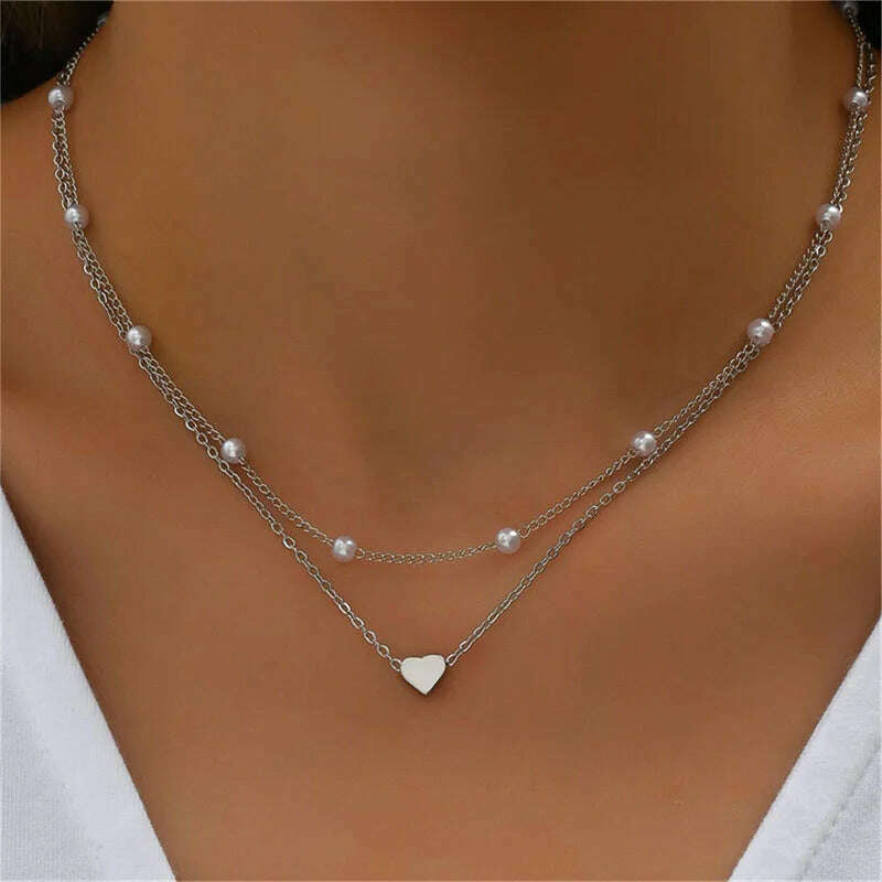 Vintage Pearl Choker Necklaces for Women Fashion Double layer Chain Small Love Heart Pendant Necklace Jewelry Gift Wholesale - KIMLUD