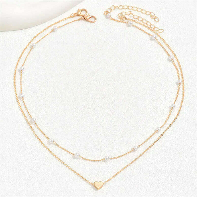 Vintage Pearl Choker Necklaces for Women Fashion Double layer Chain Small Love Heart Pendant Necklace Jewelry Gift Wholesale - KIMLUD