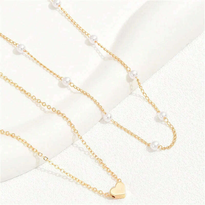 Vintage Pearl Choker Necklaces for Women Fashion Double layer Chain Small Love Heart Pendant Necklace Jewelry Gift Wholesale - KIMLUD