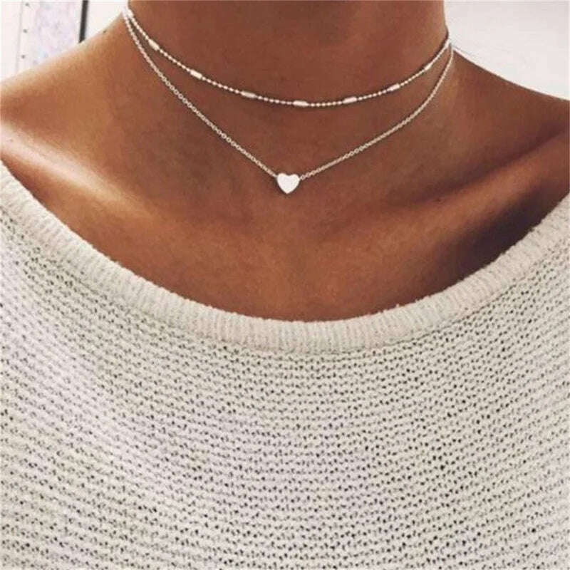 Vintage Pearl Choker Necklaces for Women Fashion Double layer Chain Small Love Heart Pendant Necklace Jewelry Gift Wholesale - KIMLUD