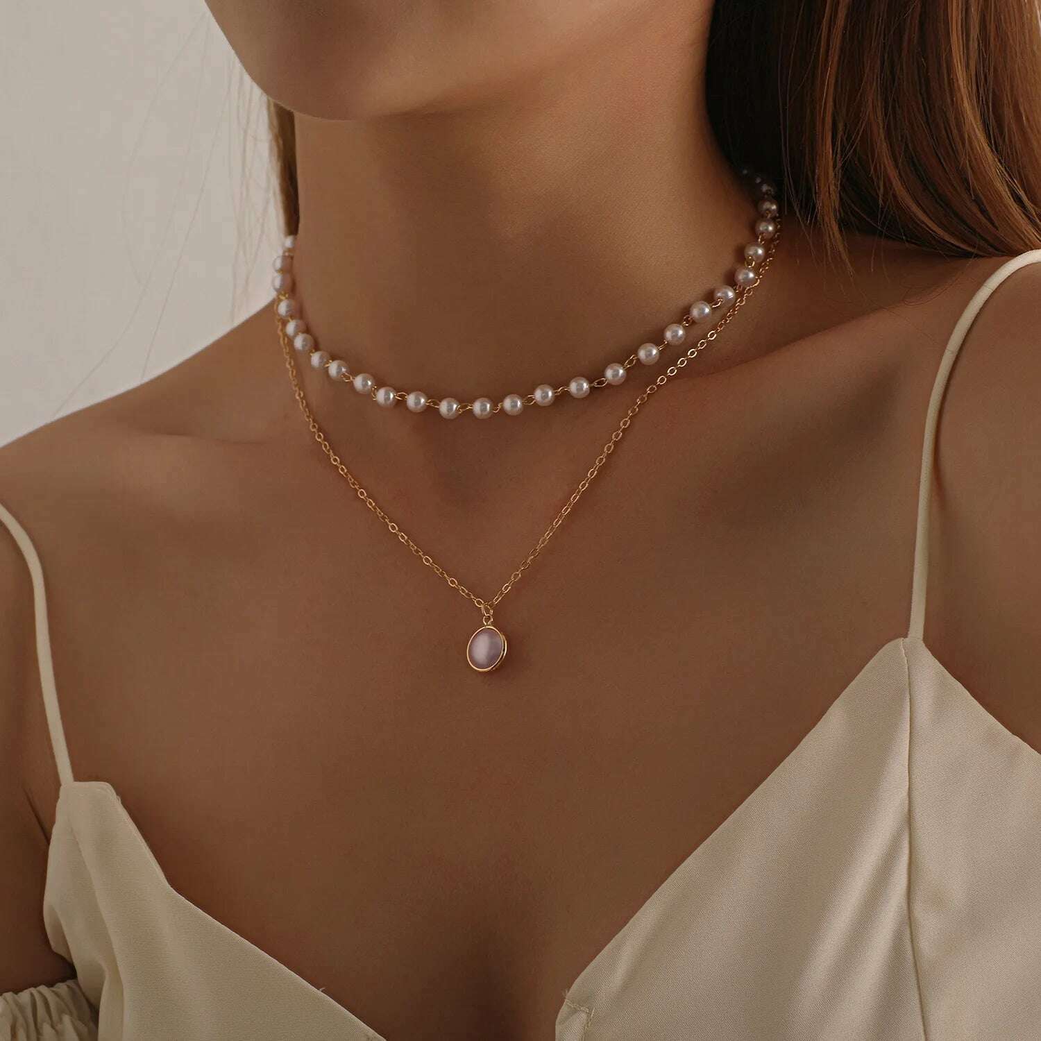 Vintage Pearl Choker Necklaces for Women Fashion Double layer Chain Small Love Heart Pendant Necklace Jewelry Gift Wholesale - KIMLUD