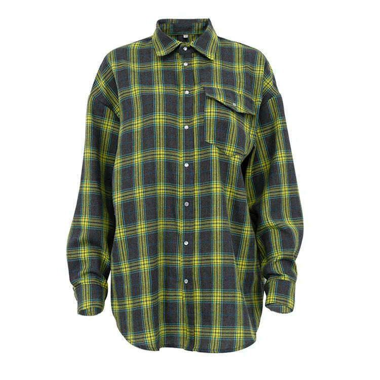 KIMLUD, Vintage Plaid Blouses Womans Loose Long Sleeve Shirt 2023 Autumn Winter Casual Single Breasted Shirt with Pockets Female Tops, Green / S, KIMLUD APPAREL - Womens Clothes