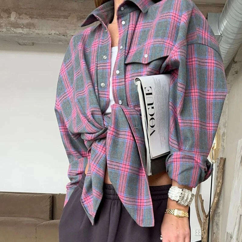 KIMLUD, Vintage Plaid Blouses Womans Loose Long Sleeve Shirt 2023 Autumn Winter Casual Single Breasted Shirt with Pockets Female Tops, Pink / S, KIMLUD APPAREL - Womens Clothes