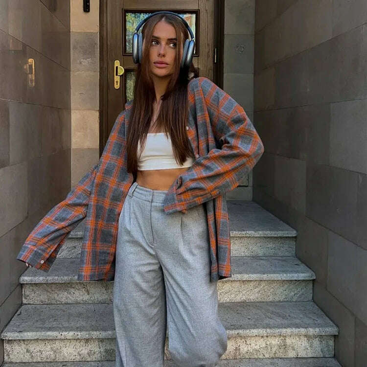 KIMLUD, Vintage Plaid Blouses Womans Loose Long Sleeve Shirt 2023 Autumn Winter Casual Single Breasted Shirt with Pockets Female Tops, Orange / S, KIMLUD APPAREL - Womens Clothes