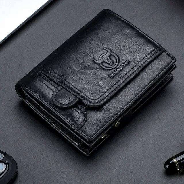 KIMLUD, Vintage RFID Men's Wallet Cowskin Genuine Leather Short Wallets Male Cowhide Zipper Coin Pocket Man Purse with Card Holder, Black, KIMLUD APPAREL - Womens Clothes