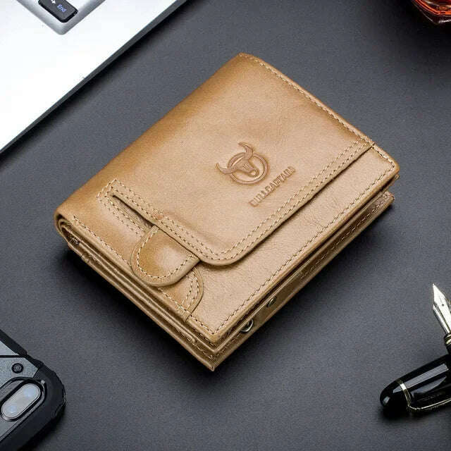 KIMLUD, Vintage RFID Men's Wallet Cowskin Genuine Leather Short Wallets Male Cowhide Zipper Coin Pocket Man Purse with Card Holder, Yellow Brown, KIMLUD APPAREL - Womens Clothes