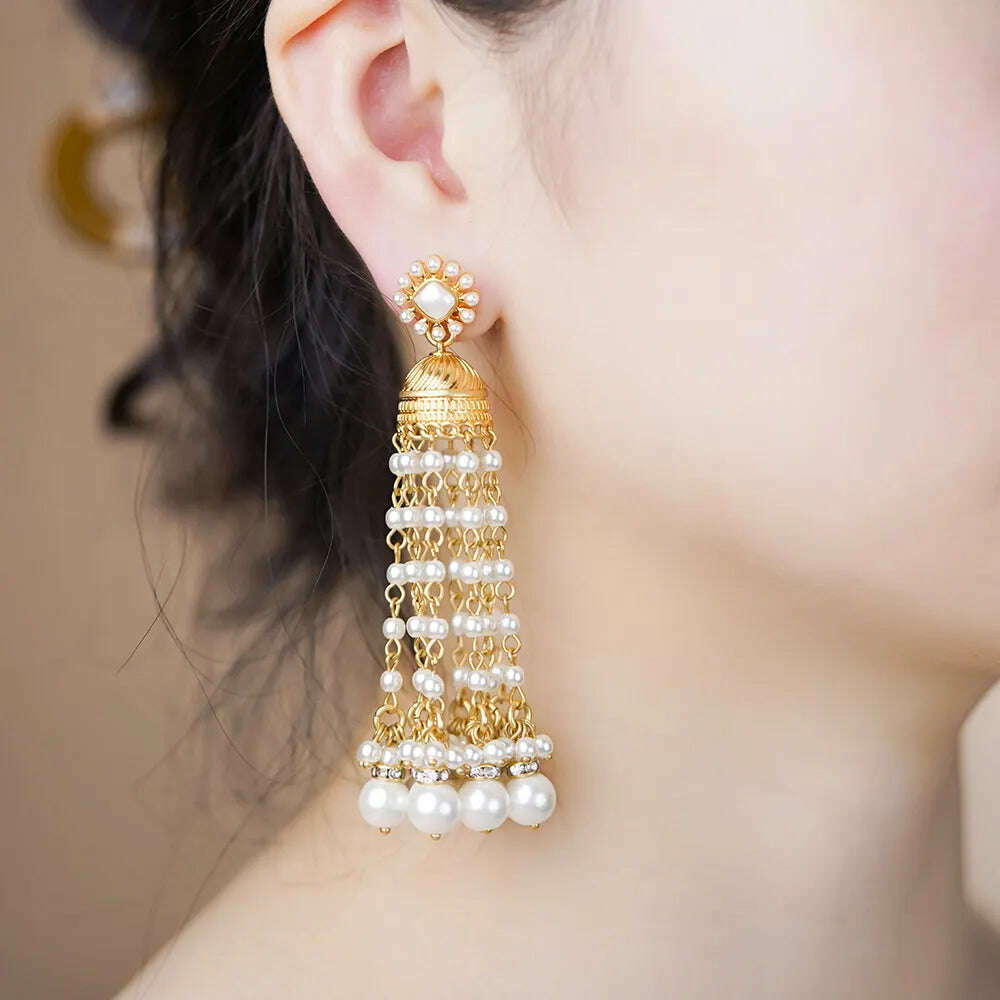 KIMLUD, Vintage Round Geometric Drop Earrings For Women Long Statement Tassel Mini Beads Dangle Earring Party Jewelry 2023 Trending New, KIMLUD Womens Clothes