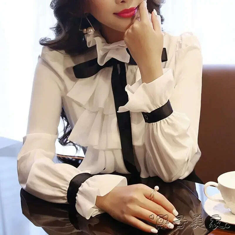 Vintage Ruffled Chiffon Blouse Women's Long Sleeve White Shirt Top for Eye Catching Style - KIMLUD