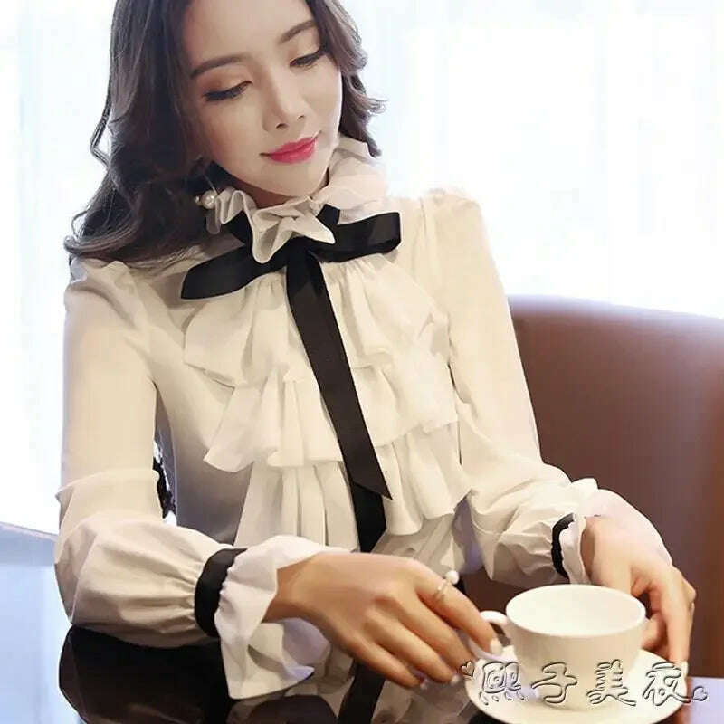 Vintage Ruffled Chiffon Blouse Women's Long Sleeve White Shirt Top for Eye Catching Style - KIMLUD