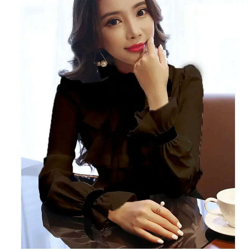 Vintage Ruffled Chiffon Blouse Women's Long Sleeve White Shirt Top for Eye Catching Style - KIMLUD
