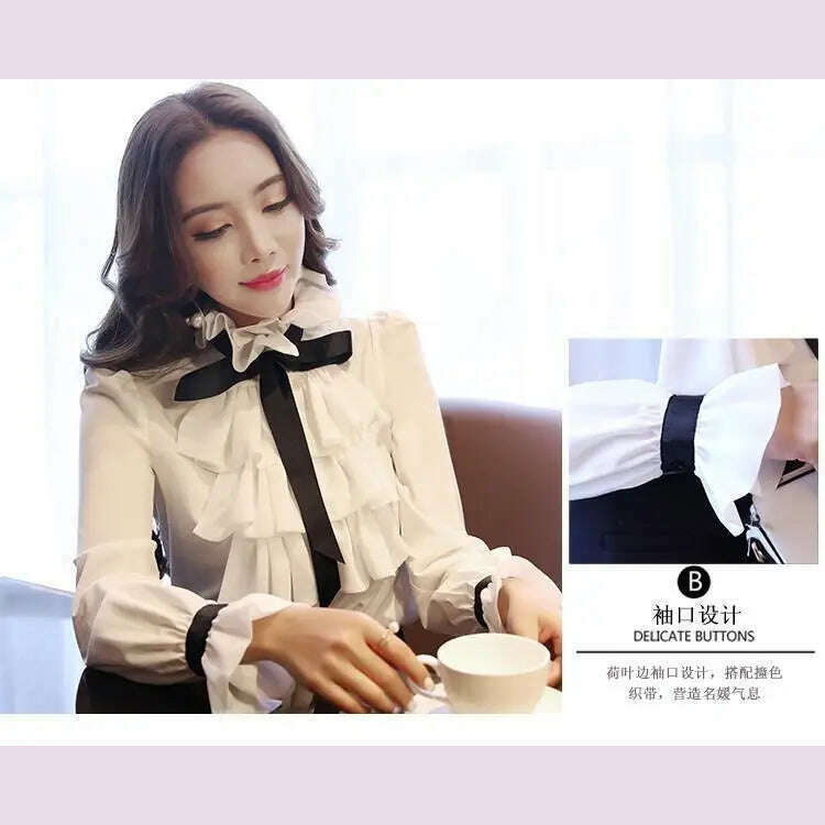 Vintage Ruffled Chiffon Blouse Women's Long Sleeve White Shirt Top for Eye Catching Style - KIMLUD
